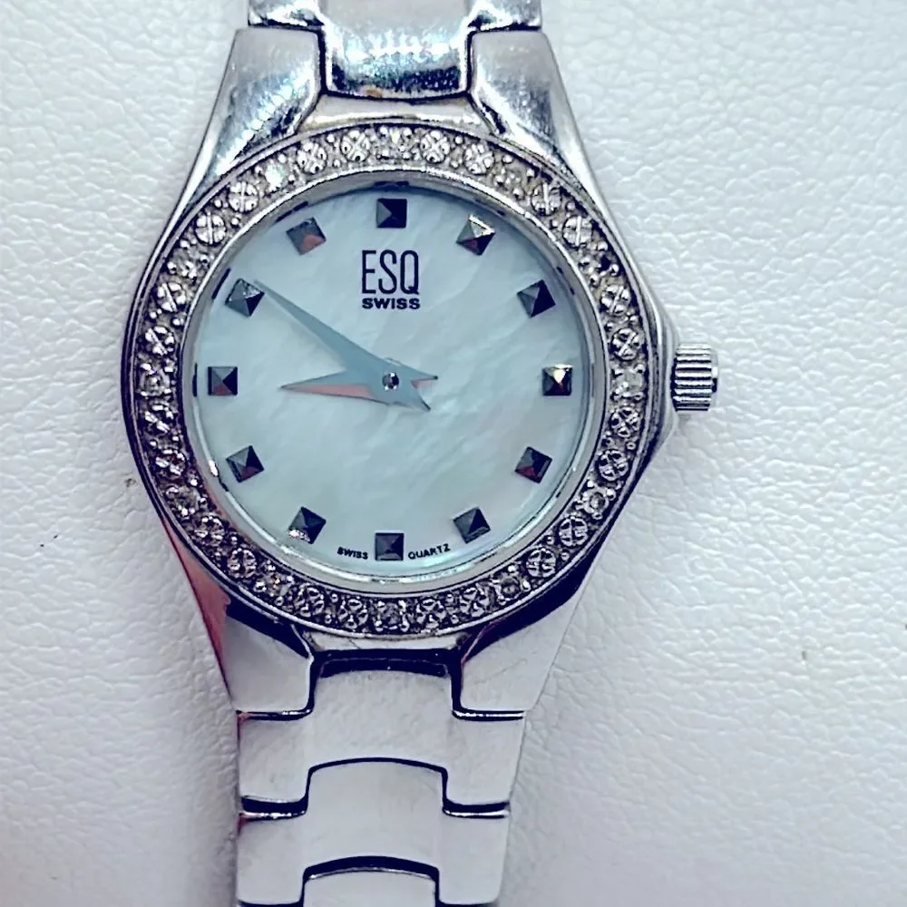 Working! Esquire ESQ by Movado Dainty Minimalist Rhinestone Bezel Swiss Watch